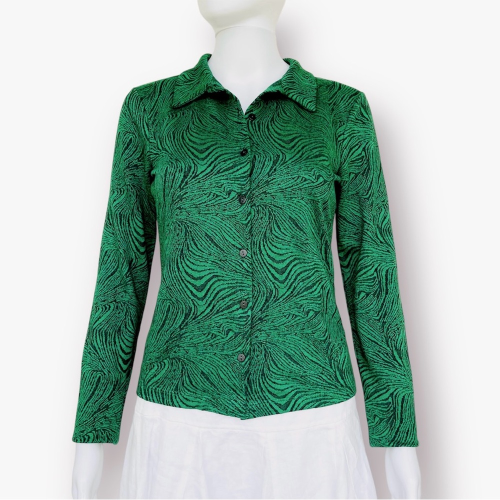 ZARA Button Down Shirt Crepe Green Animal Print Jacquard Long Sleeve Stretch